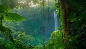 Tranquil tropical rainforest, high up, beauty in nature, adventure awaits generated by AI photo