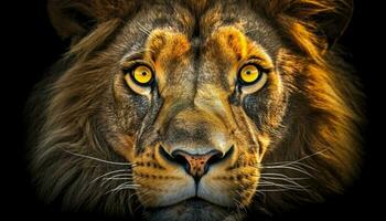 majestuoso león curioso con vigilancia, atención en primer plano, retrato generado por ai foto