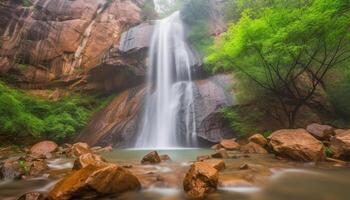 Smooth flowing water drops in idyllic tropical rainforest pond generated by AI photo