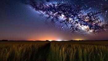 Glowing star trail illuminates vibrant Milky Way in dark landscape generated by AI photo