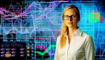 joven adulto mujer de negocios analizando datos en computadora monitor con confianza generado por ai foto