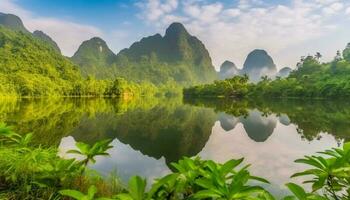 Tranquil scene of mountain reflection in green rural forest landscape generated by AI photo