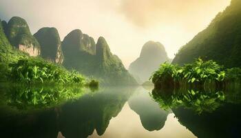 Green mountain landscape reflects in water, karst formation adds beauty generated by AI photo
