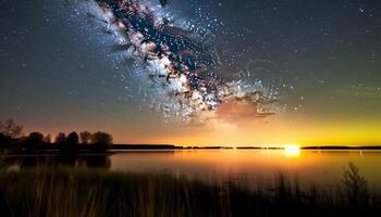 lechoso camino galaxia ilumina tranquilo bosque en largo exposición Disparo generado por ai foto