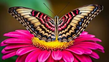 Vibrant butterfly pollinates fragile purple daisy in natural beauty generated by AI photo