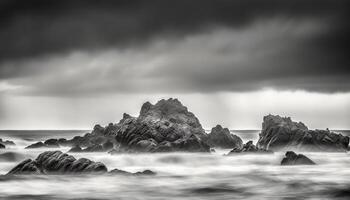 tranquilo escena de mojado línea costera, dramático cielo en Asturias generado por ai foto