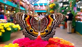 Vibrant butterfly pollinates fragile purple daisy in natural beauty generated by AI photo