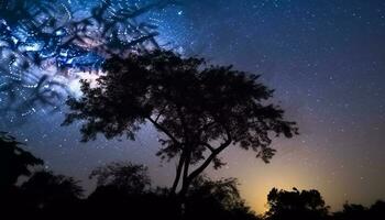 Milky Way illuminates dark sky, tree silhouette against star field generated by AI photo