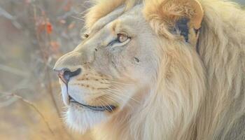 Majestic lion with golden fur, fierce teeth, and powerful strength generated by AI photo