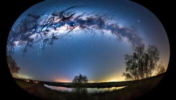 tranquilo escena iluminado por luz de la luna, estrella campo y lechoso camino generado por ai foto