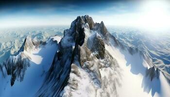 Panoramic mountain range, majestic beauty in nature, frozen winter wonderland generated by AI photo