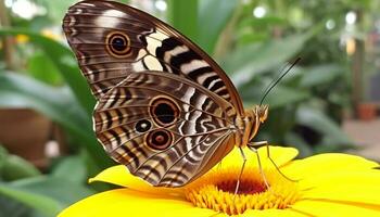 Vibrant butterfly pollinates fragile yellow flower generated by AI photo