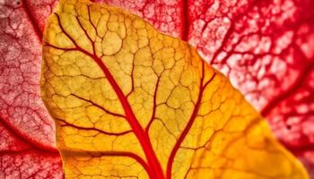 Vibrant autumn leaf veins create organic pattern on multi colored backdrop generated by AI photo