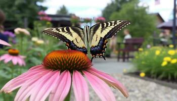 Vibrant purple echinacea attracts swallowtail butterfly in formal garden generated by AI photo