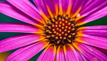Vibrant gerbera daisy blossom, close up, showcasing pink and yellow petals generated by AI photo