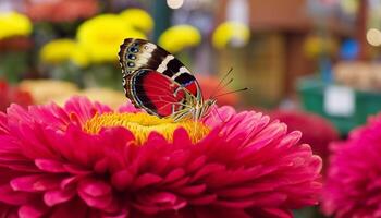 vibrante mariposa poliniza frágil gerbera margarita en tropical elegancia generado por ai foto