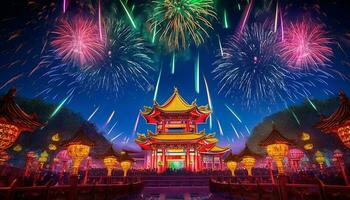vibrante linternas iluminar antiguo pagoda en Beijing nuevo año celebracion generado por ai foto