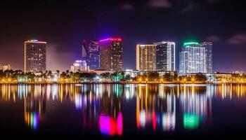 Travel to an illuminated cityscape with multi colored reflections on water generated by AI photo