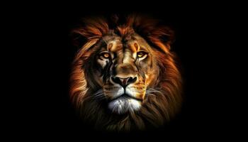 majestuoso masculino león curioso con agresión, fuerza en negro antecedentes generado por ai foto