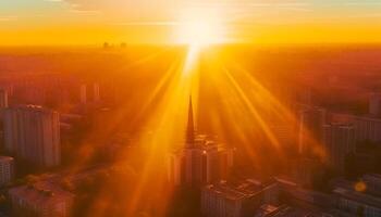 alto arriba paisaje urbano atardecer, urbano horizonte rascacielos aéreo ver oscuridad generado por ai foto