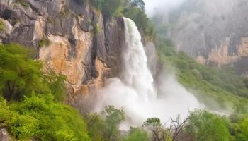 Majestic mountain range, blue sky, flowing water, natural beauty generated by AI photo