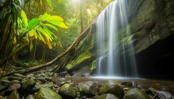 Tranquil tropical rainforest, flowing water, idyllic beauty for vacations generated by AI photo