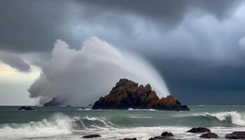 Rough surf crashes against cliff, ominous storm on horizon generated by AI photo