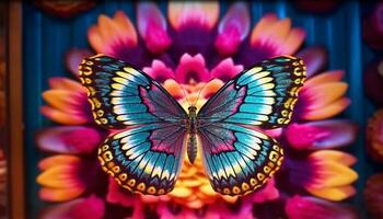 Vibrant butterfly wing in multi colored tropical blossom collection generated by AI photo