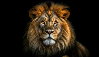 majestuoso león con un grande melena curioso a el cámara generado por ai foto