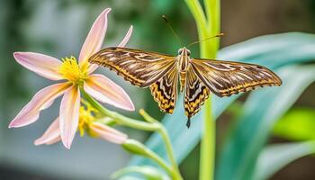 vibrante cola de golondrina mariposa poliniza frágil amarillo flor en tropical selva generado por ai foto