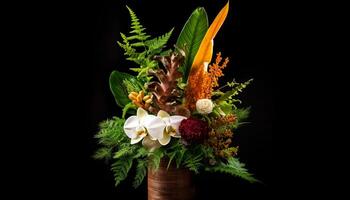 Fresh bouquet of multi colored flowers in a green vase generated by AI photo