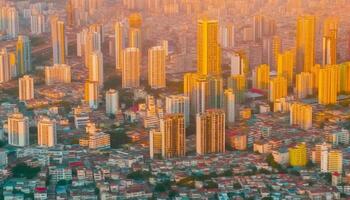 moderno urbano horizonte brilla multi de colores a oscuridad, un famoso destino generado por ai foto