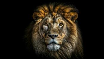majestuoso león curioso con agresión, exhibiendo fuerza y belleza generado por ai foto