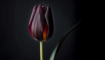 vibrante tulipán florecer, en negro fondo, exuda elegancia generado por ai foto