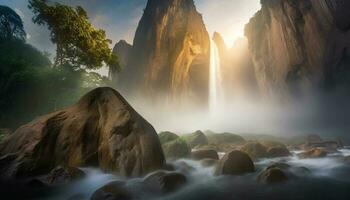 Majestic mountain peak, tranquil scene, flowing water, nature beauty generated by AI photo