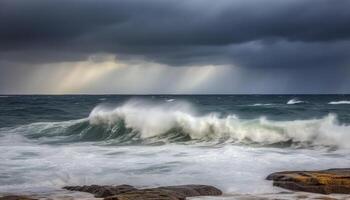 Ominous storm cloud breaking over rough seas, wet sand splashing generated by AI photo