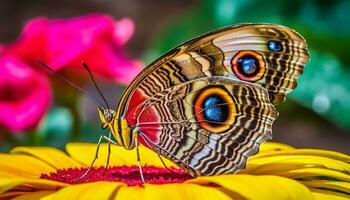 Vibrant butterfly pollinates single flower in tropical rainforest beauty generated by AI photo
