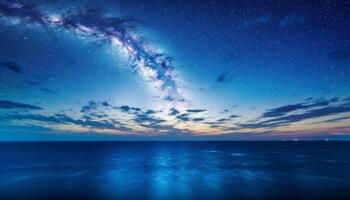 lechoso camino ilumina majestuoso montaña en vibrante azul noche cielo generado por ai foto