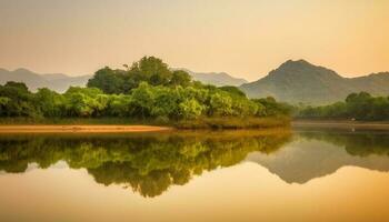 Tranquil dawn, green meadow, mountain peak, reflection in pond generated by AI photo