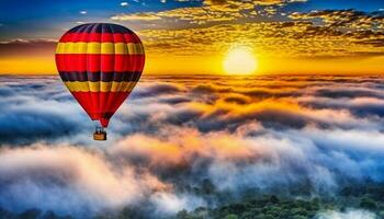 Levitating hot air balloon soars over panoramic mountain landscape generated by AI photo