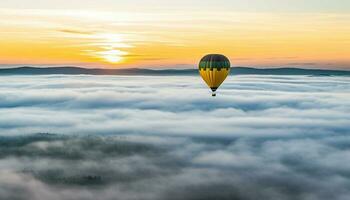 Flying high in hot air balloon, adventure in nature generated by AI photo