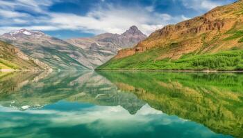 Majestic mountain peak reflects tranquil autumn sunset in Alberta wilderness generated by AI photo