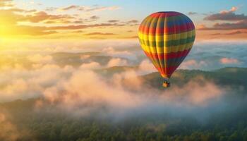 Hot air balloon soars high over mountain range at sunset generated by AI photo