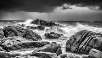 Dramatic sky over horizon, waves breaking on rocky coastline generated by AI photo