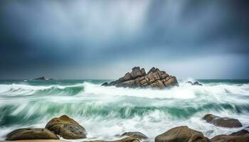 tranquilo marina rock acantilados reunirse rotura olas a puesta de sol generado por ai foto