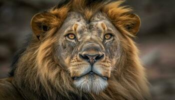 majestuoso leona curioso con vigilancia en el desierto de África generado por ai foto