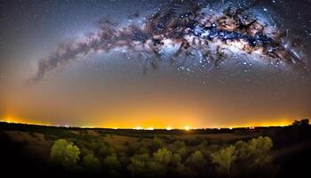 Silhouette of majestic mountain illuminated by star trail in dark generated by AI photo