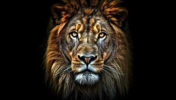 majestuoso león curioso a cámara, atención en primer plano, negro antecedentes generado por ai foto