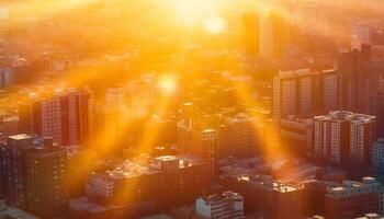 moderno ciudad horizonte iluminado por atardecer, bullicioso con tráfico abajo generado por ai foto