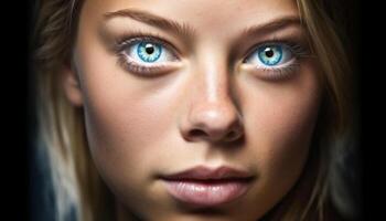 Beautiful young woman with blue eyes staring confidently at camera generated by AI photo